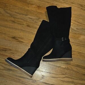 Torrid Black Wedge Boots with Tan Sole